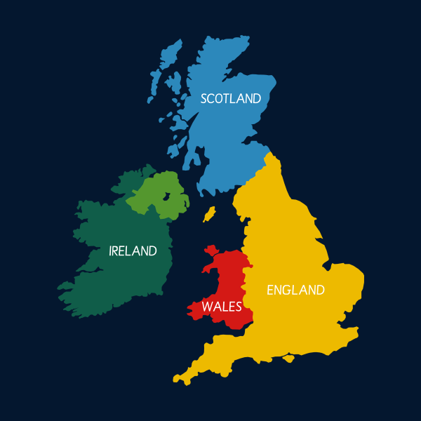 Coloured map of the United Kingdom showing England, Scotland, Wales and Ireland coverage areas